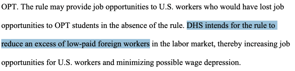DHS proposed OPT rule excerpt stating the rule is intended to reduce an excess of low-paid foreign workers