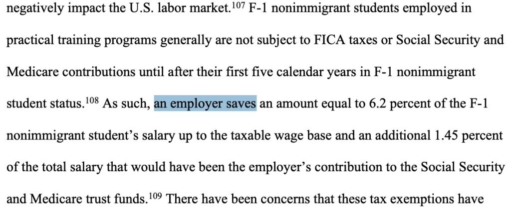 DHS proposed OPT rule excerpt on employers avoiding FICA taxes for F-1 students in practical training
