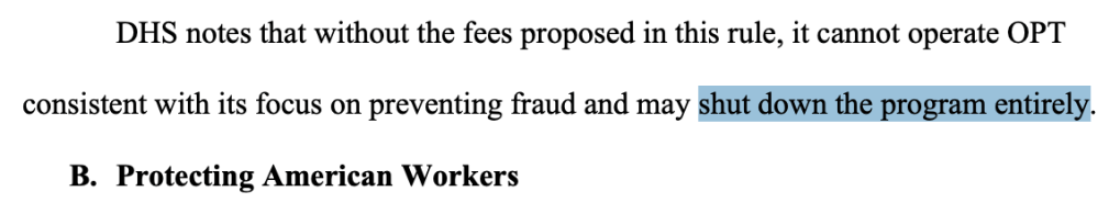 DHS proposed OPT rule excerpt stating it could shut down the OPT program entirely without the proposed fees